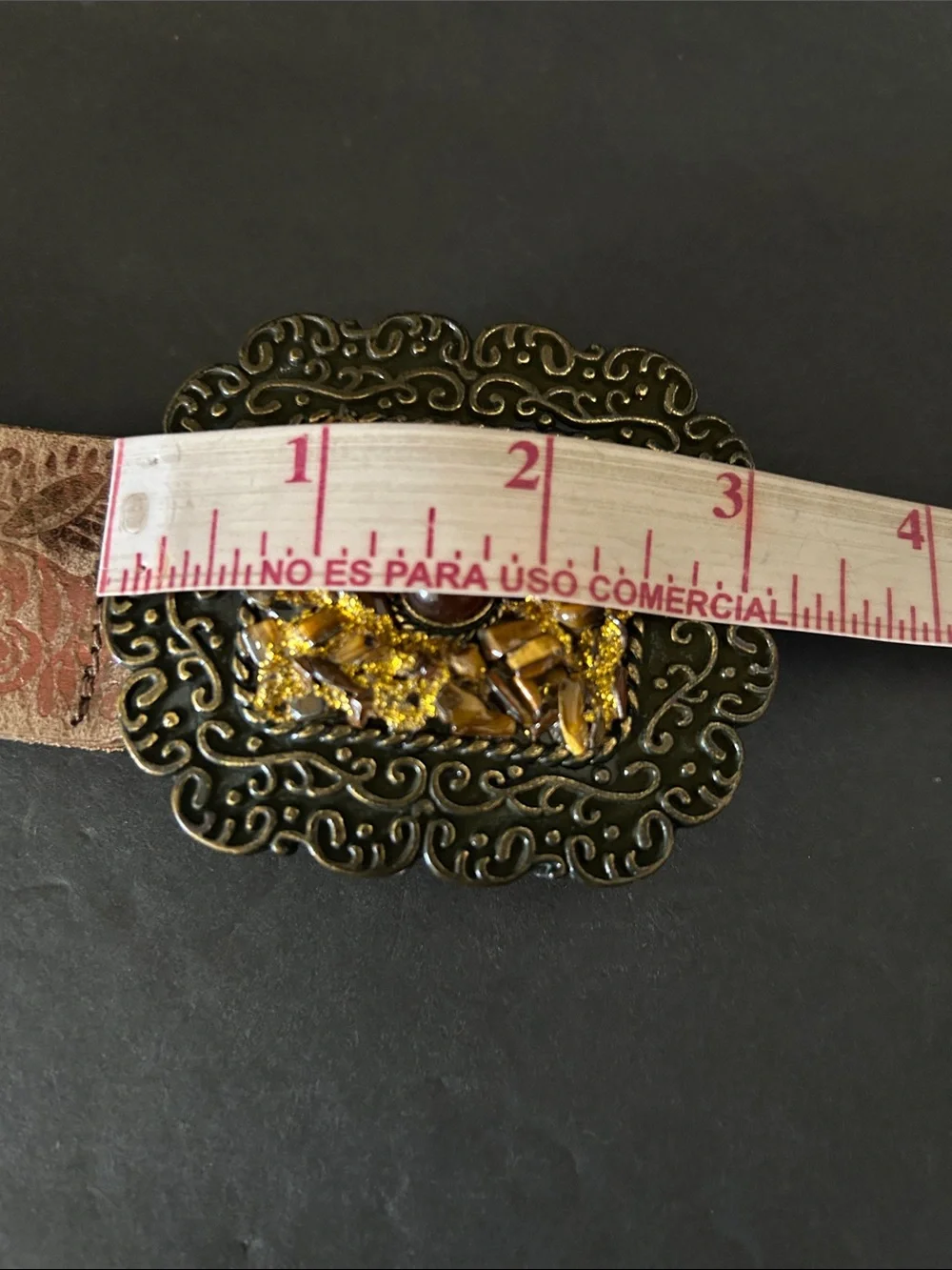 Tooled Tan Leather Belt with Ornate Amber Buckle
